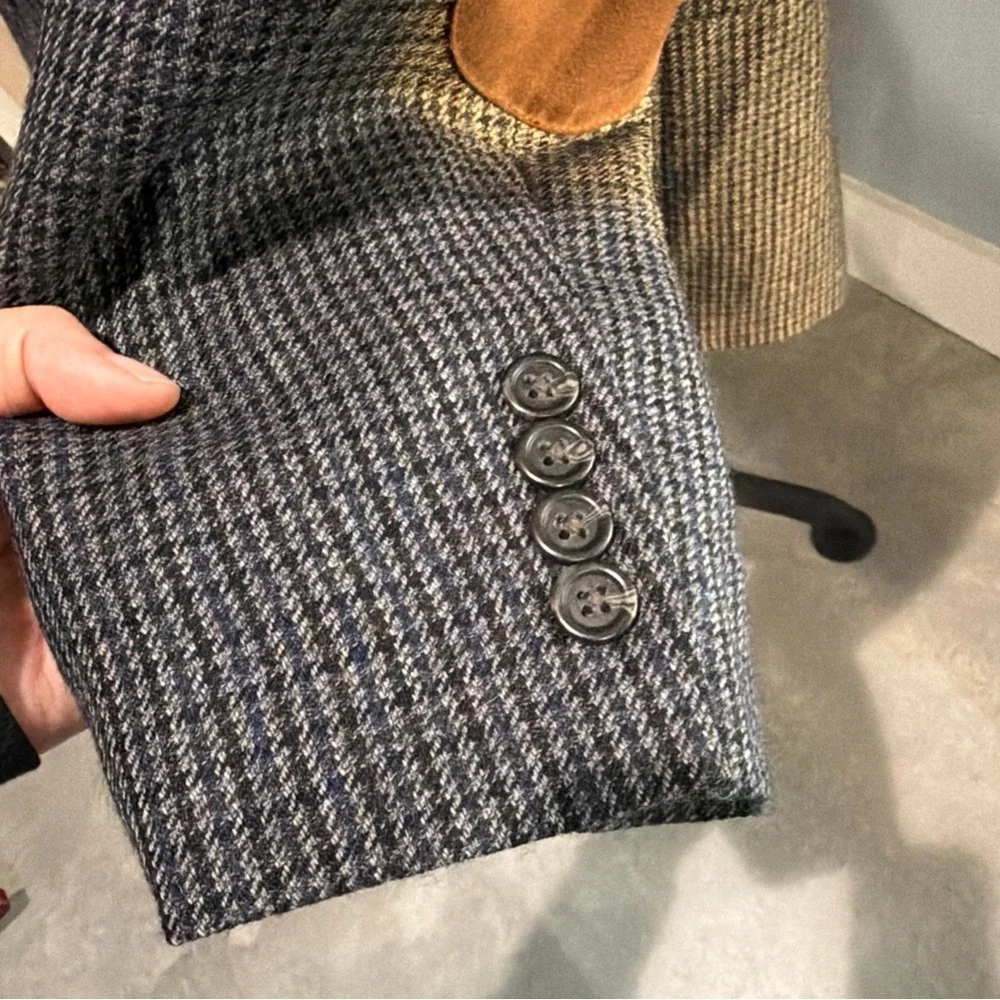 100% Wool Chaps Herringbone Checker Brown Suede Elbow Patches Blazer Jacket 46R